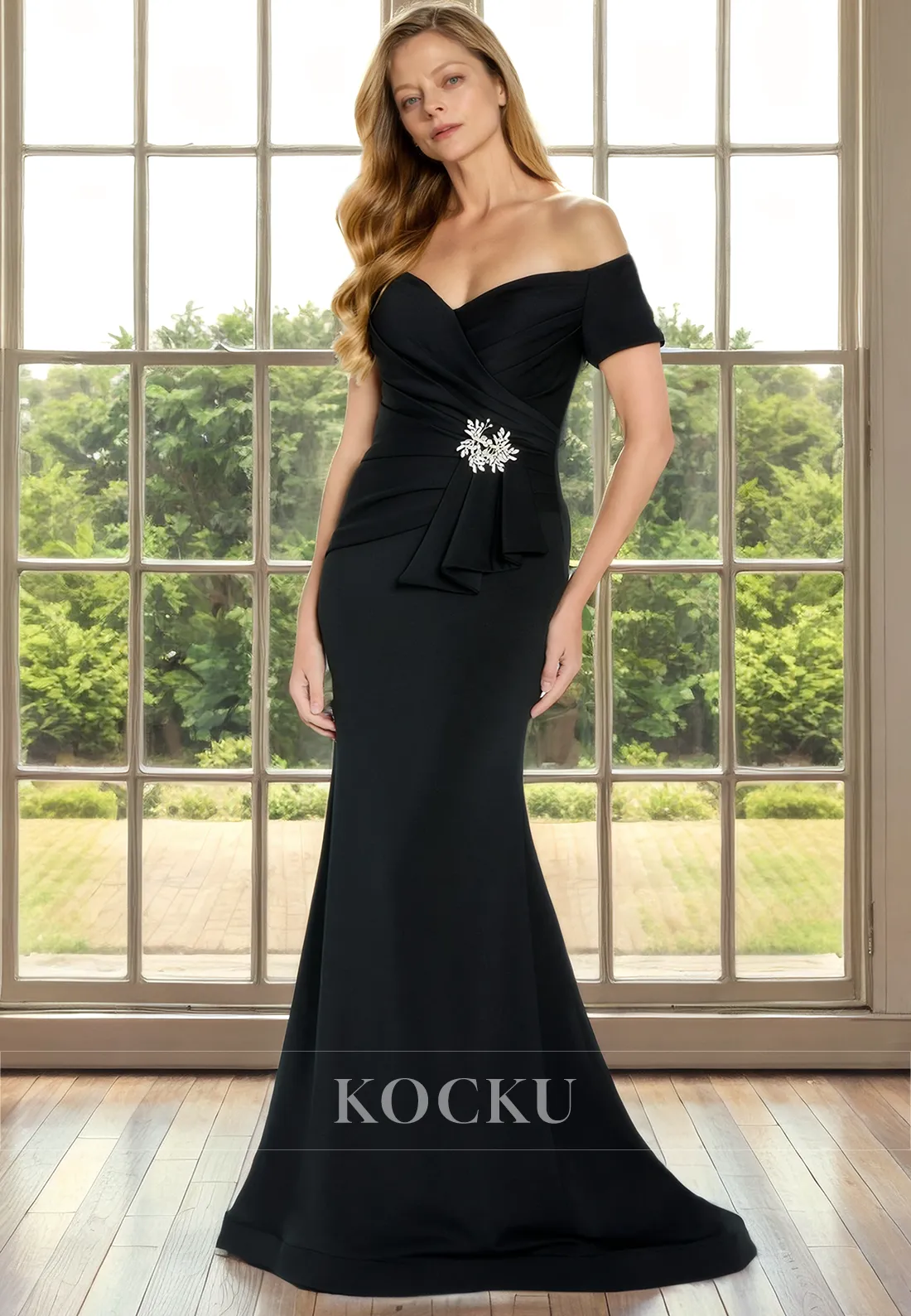 Classic & Timeless Off-Shoulder Mermaid Satin Cocktail Mother of the Bride Dress