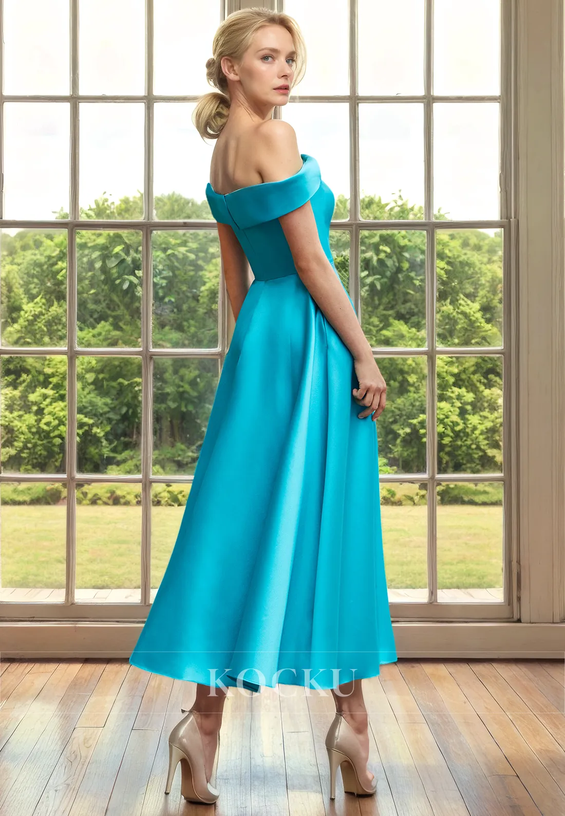 Classic & Timeless Off-Shoulder Sleeveless A-Line Satin Cocktail Mother of the Bride Dress