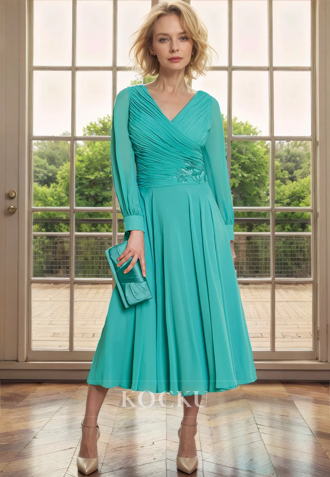 Classic & Timeless V-Neck Long sleeves A-Line Chiffon Mother of the Bride Dress