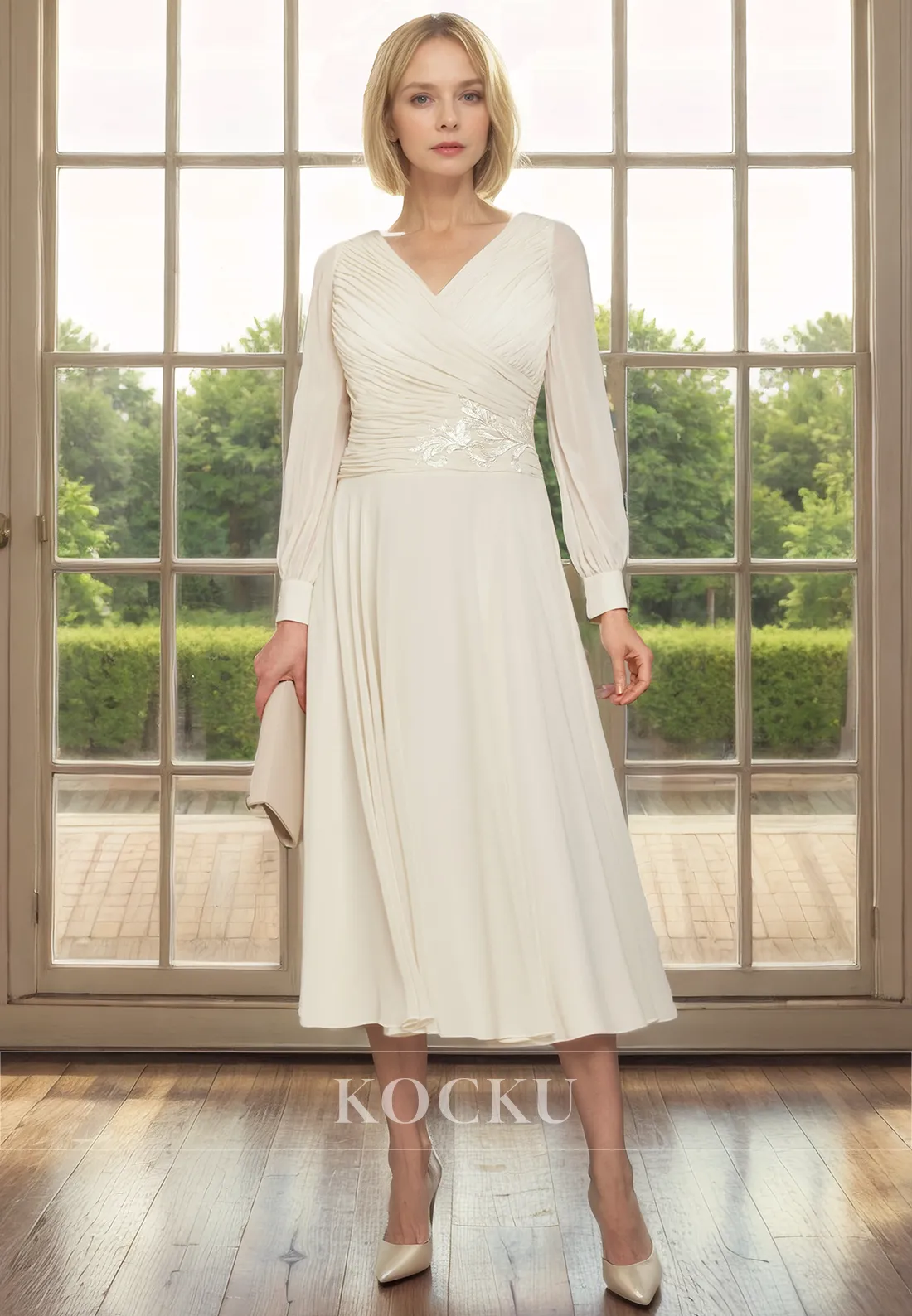 Classic & Timeless V-Neck Long sleeves A-Line Chiffon Mother of the Bride Dress