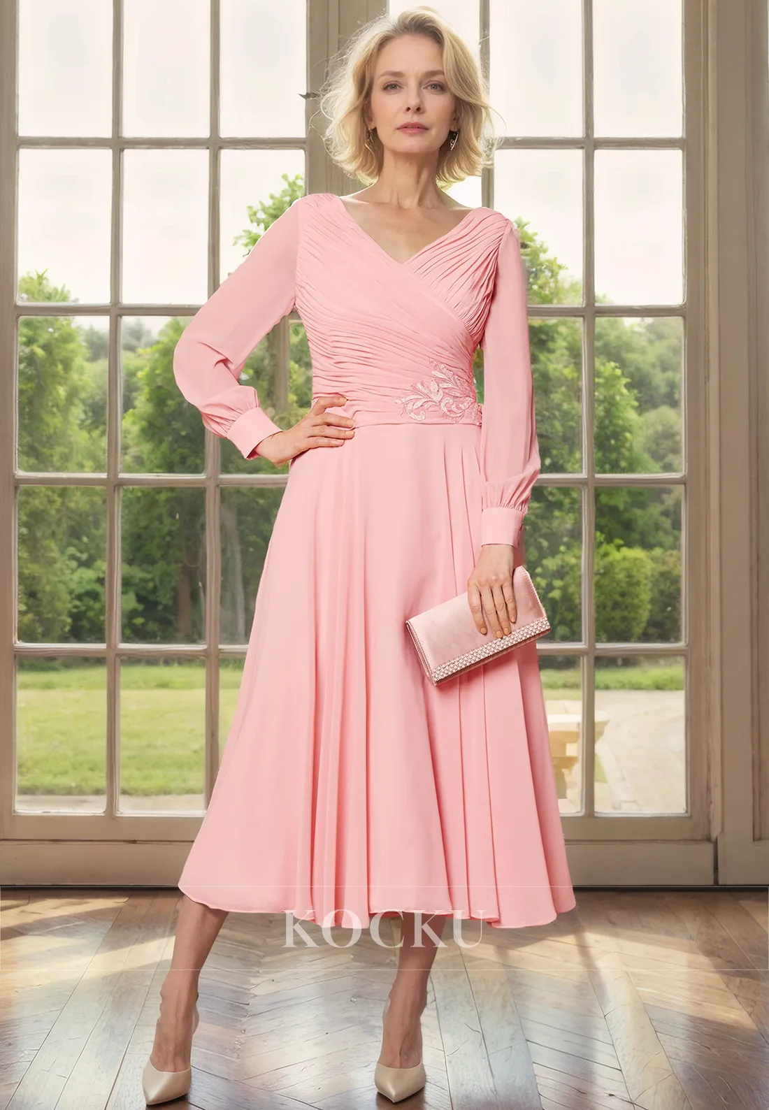 Classic & Timeless V-Neck Long sleeves A-Line Chiffon Mother of the Bride Dress