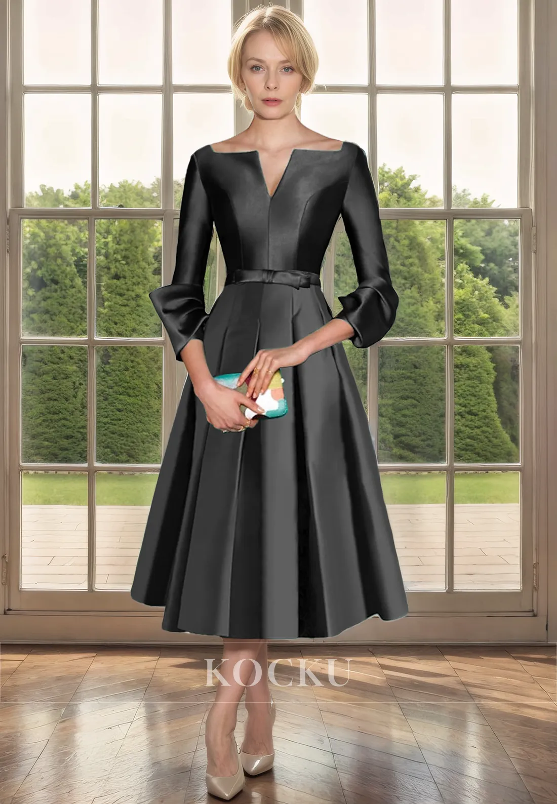 Classic & Timeless V-Neck Long sleeves A-Line Mother of the Bride Dress With Belt