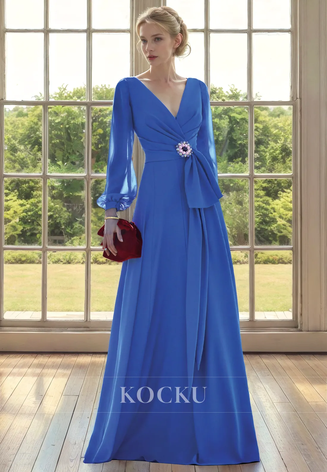 Classic & Timeless V-Neck Long sleeves Belt Cocktail Mother of the Bride Dress