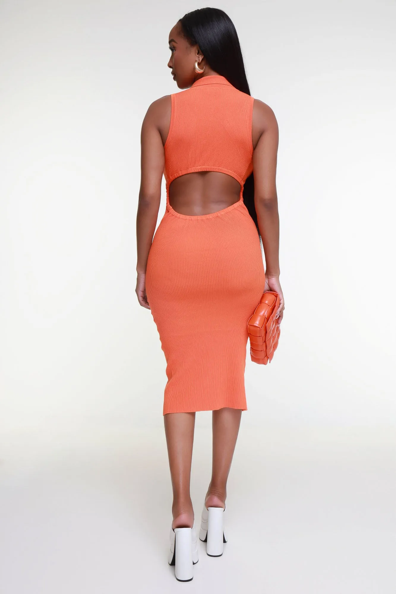 Closure Sleeveless Open Back Midi Dress - Orange