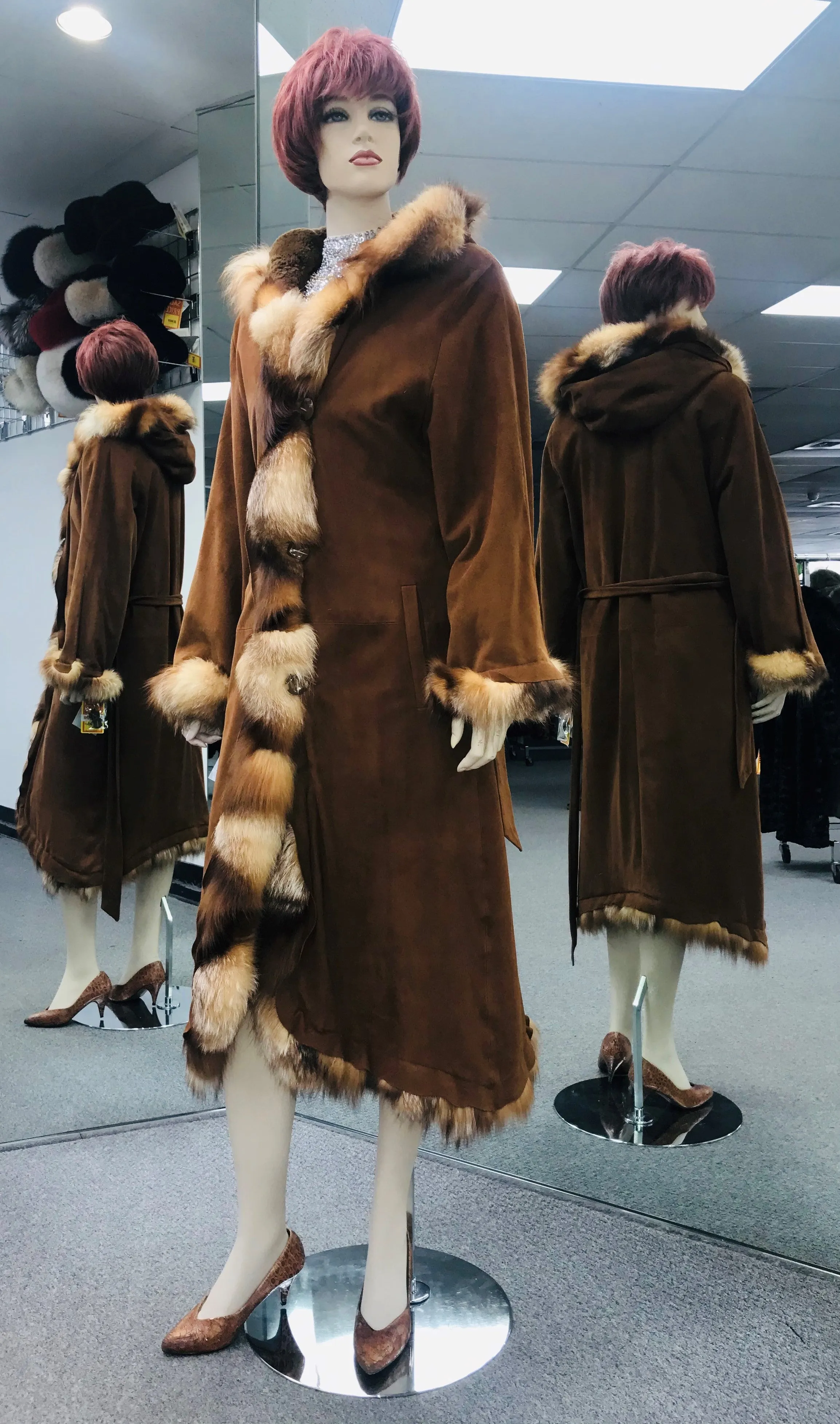 Cognac Suede Coat, Crystal Fox Trim, Fur Lining