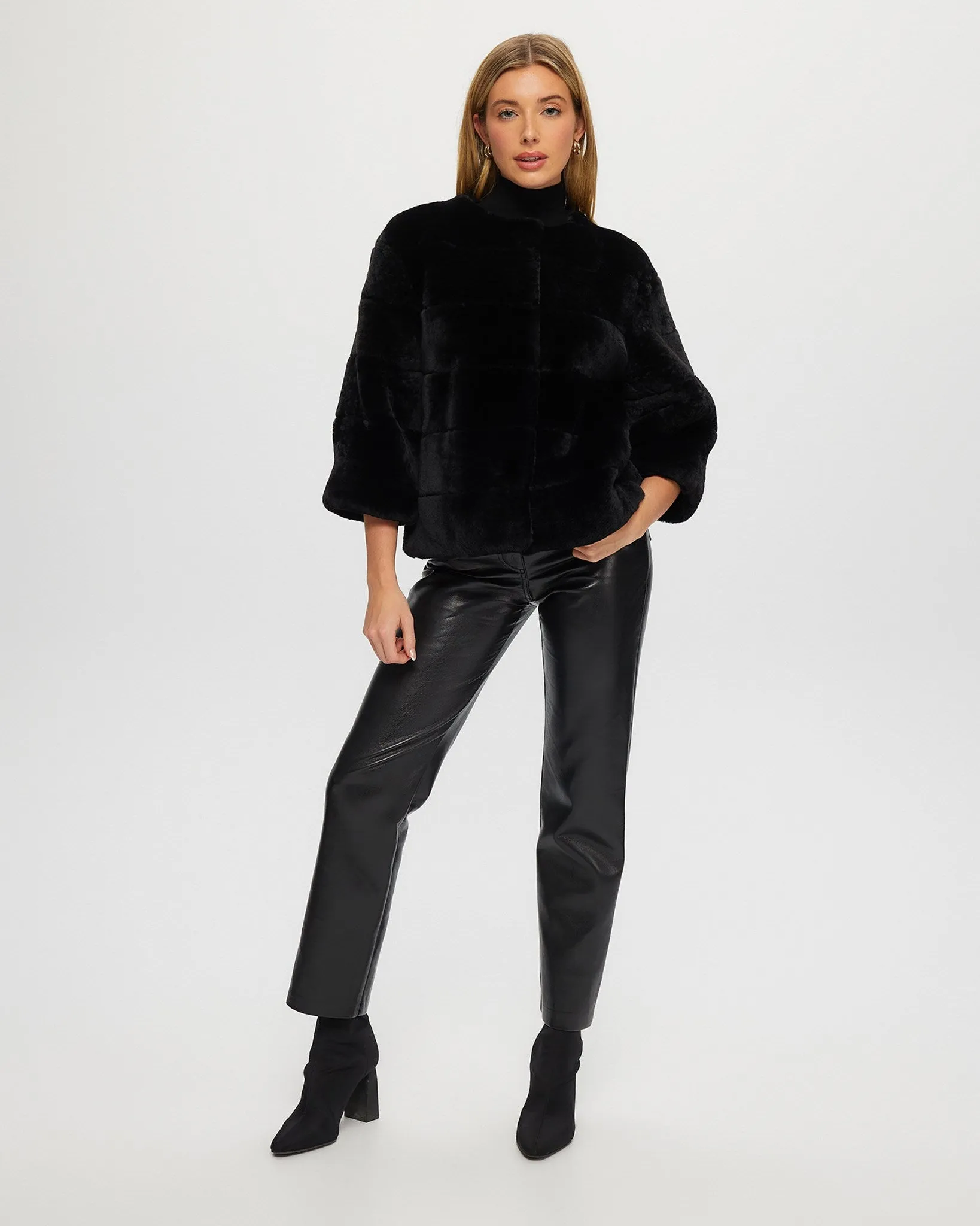 Collarless Select Shearling Lamb Jacket with 3/4 Sleeves