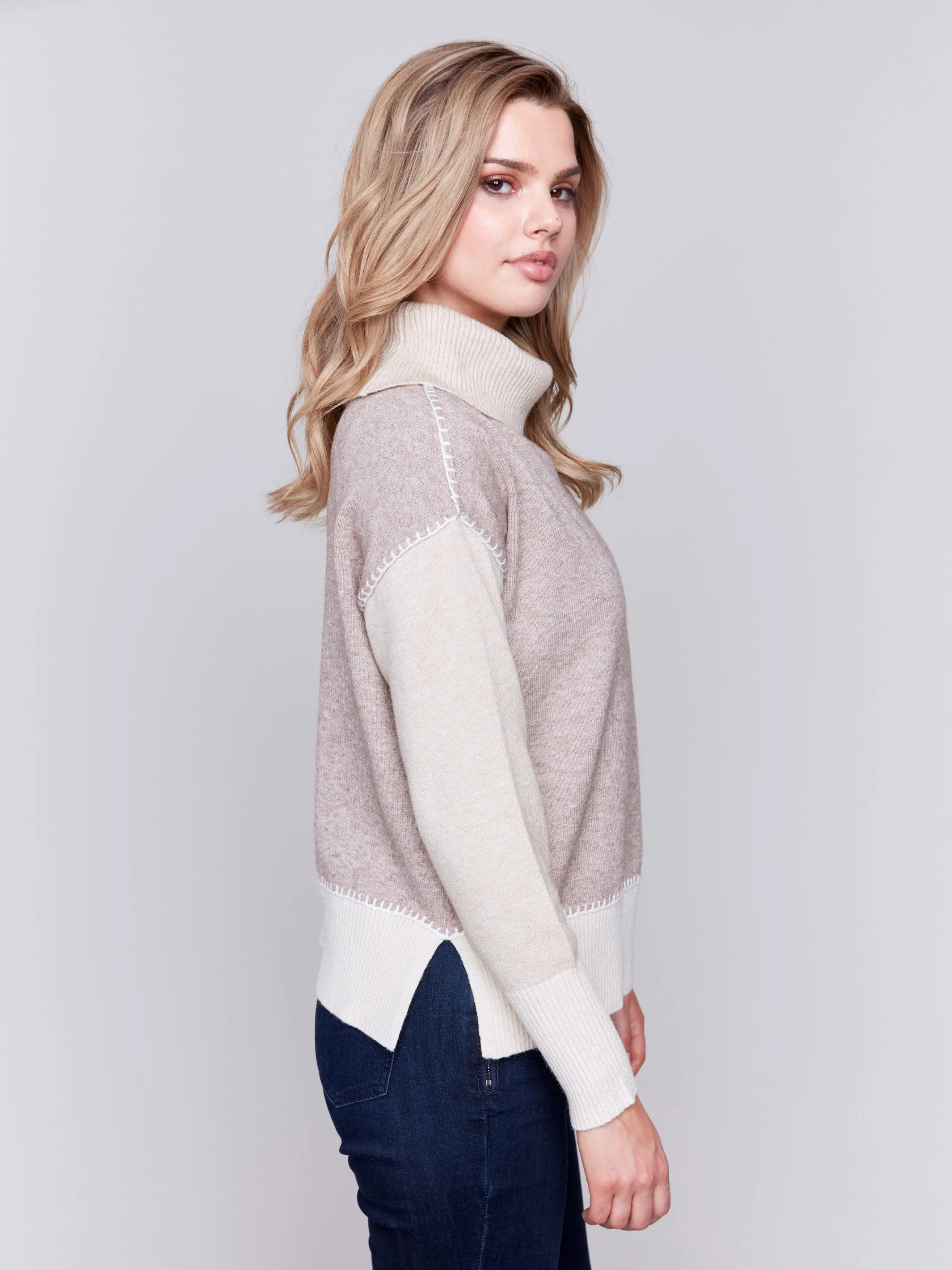 Color Block Turtleneck Sweater - Beige