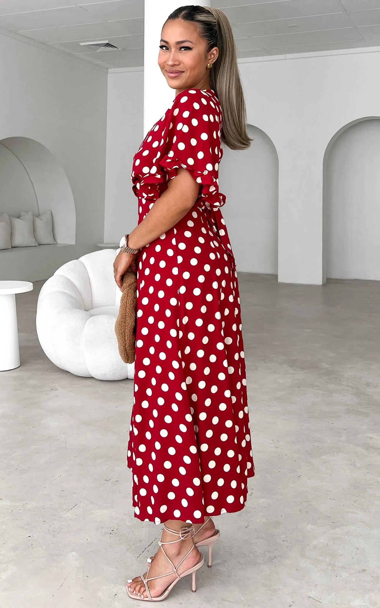 Conessa Midi Dress - Burgundy Polka