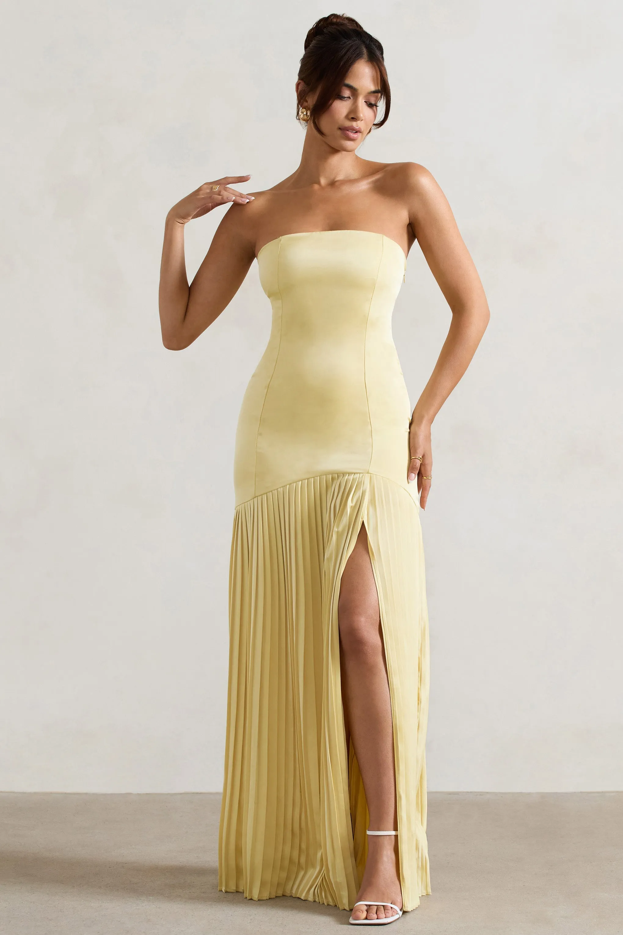 Confidence | Lemon Satin Bandeau Pleated Split Maxi Dress