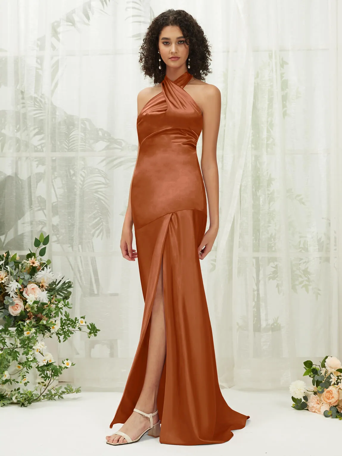 Cooper Satin Halter Neck Sleeveless Maxi Bridesmaid Dress With Slit