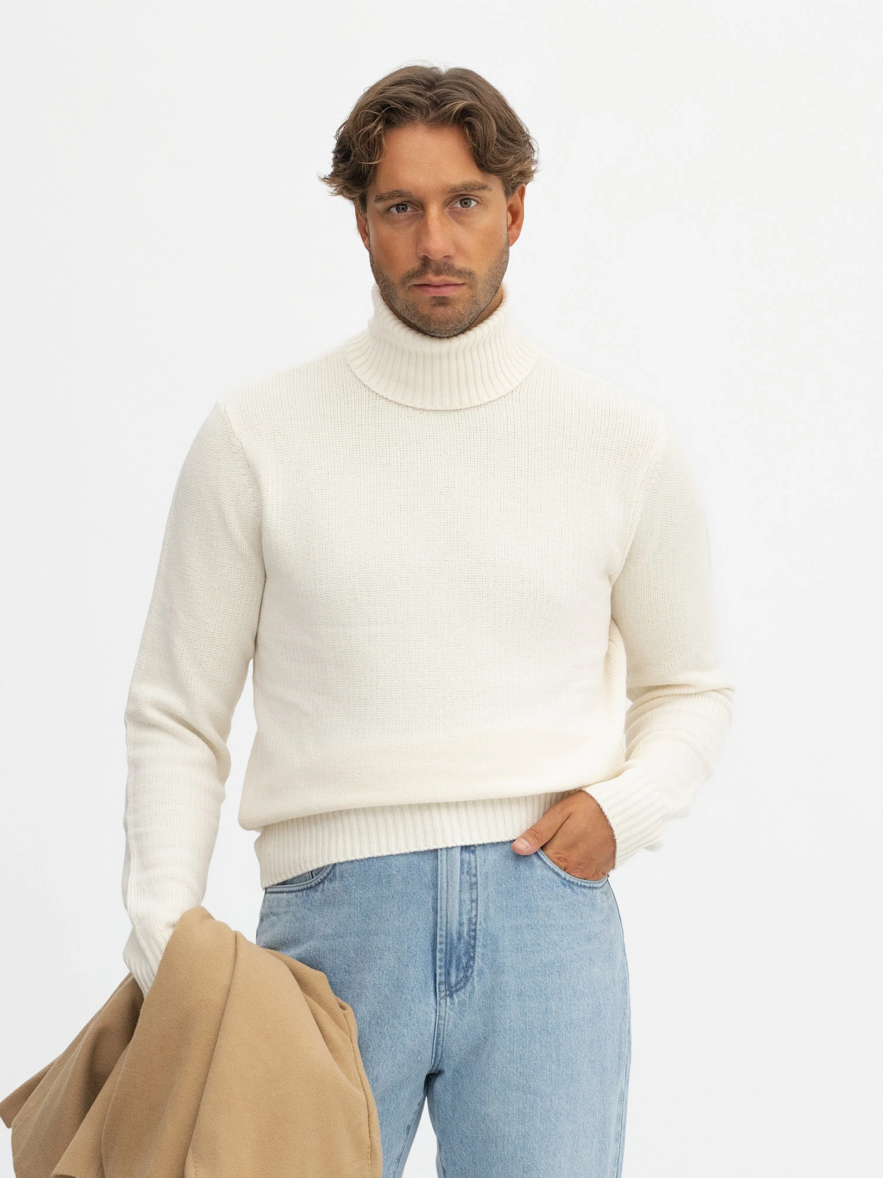 Cream Merino Wool Cashmere Turtleneck