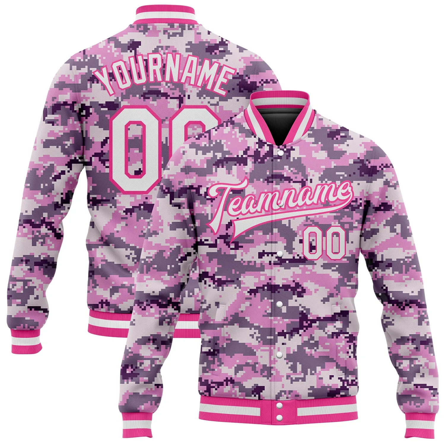 Custom Camo White-Pink 3D Bomber Full-Snap Varsity Letterman Salute To Service Jacket