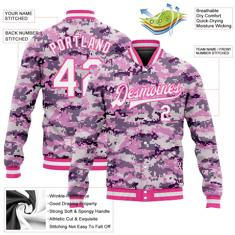 Custom Camo White-Pink 3D Bomber Full-Snap Varsity Letterman Salute To Service Jacket