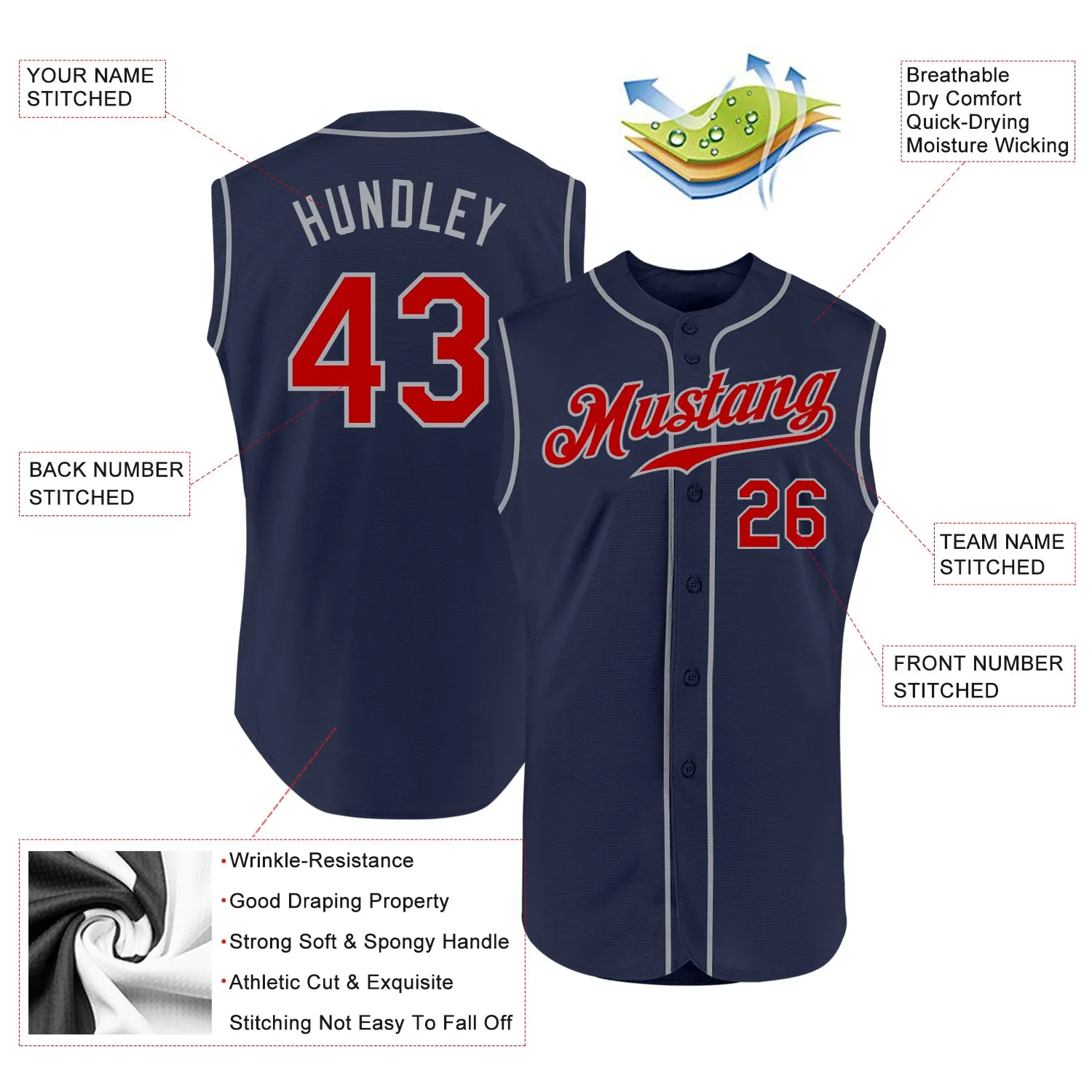 Custom Navy Red-Gray Authentic Sleeveless Baseball Jersey