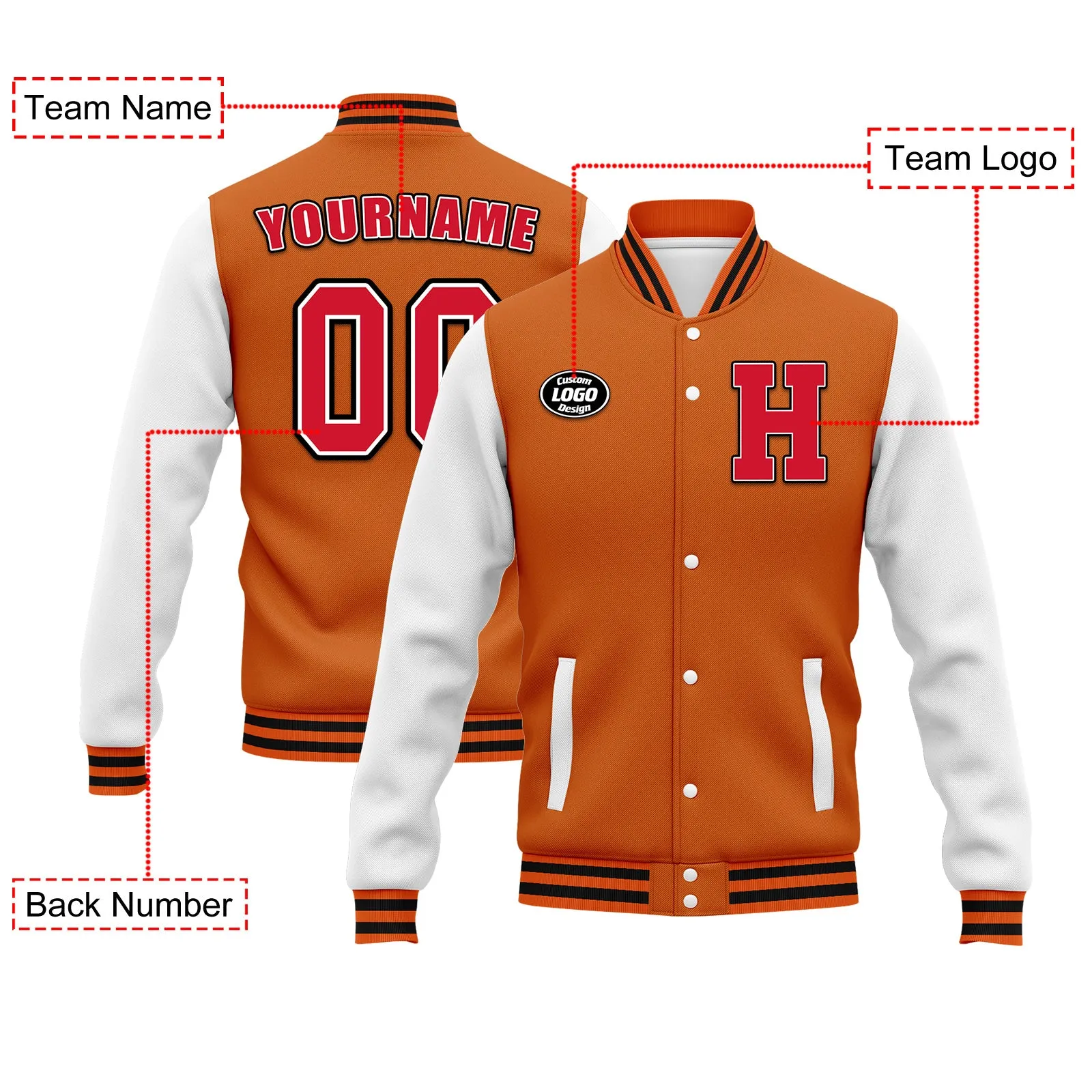 Custom Orange White Waterproof Jacket Bomber Full-Snap Varsity Letterman Personalized Jacket FZ007CD-D020316-8