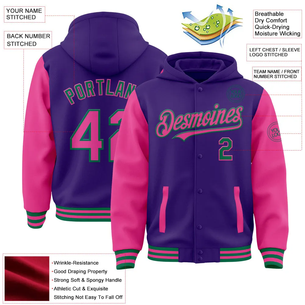 Custom Purple Pink-Kelly Green Bomber Full-Snap Varsity Letterman Two Tone Hoodie Jacket