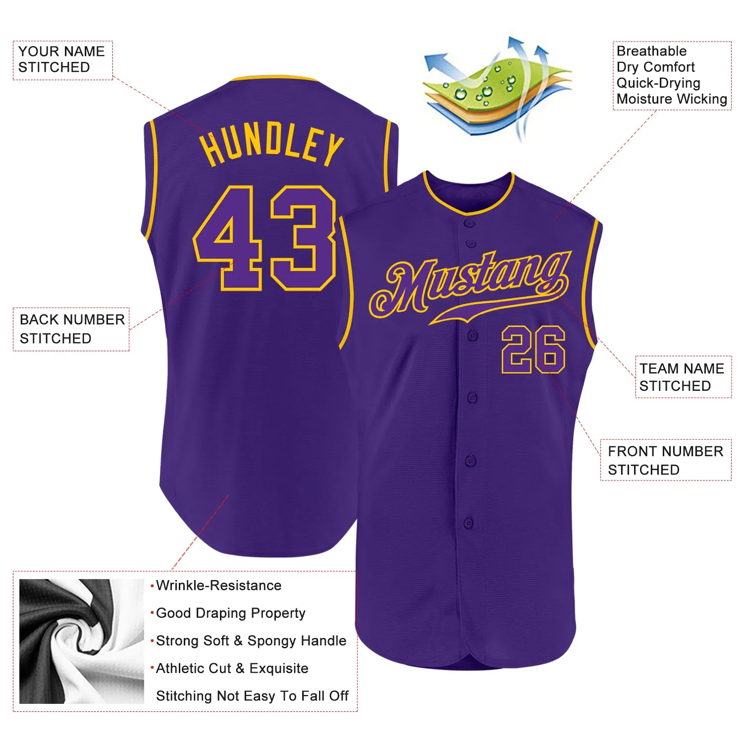 Custom Purple Purple-Gold Authentic Sleeveless Baseball Jersey