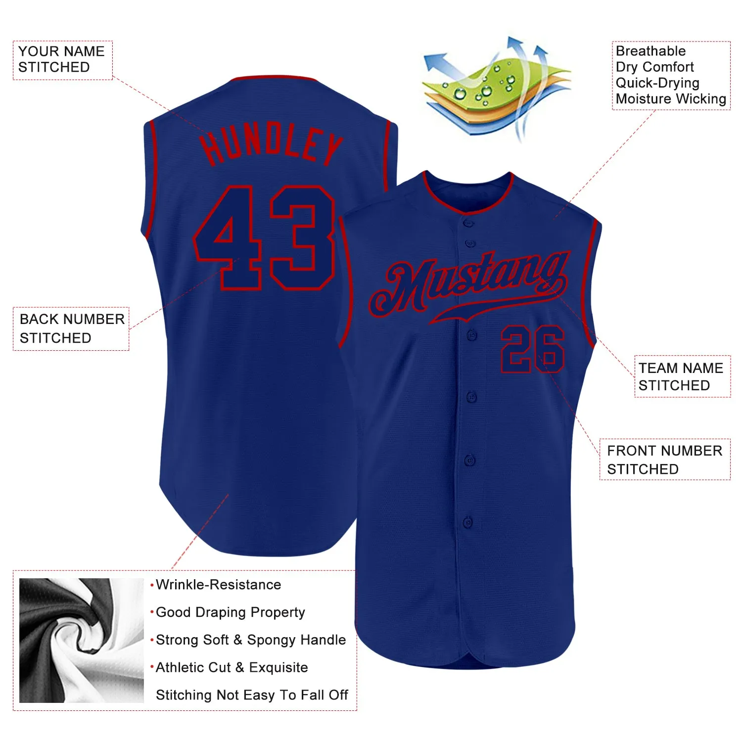 Custom Royal Royal-Red Authentic Sleeveless Baseball Jersey