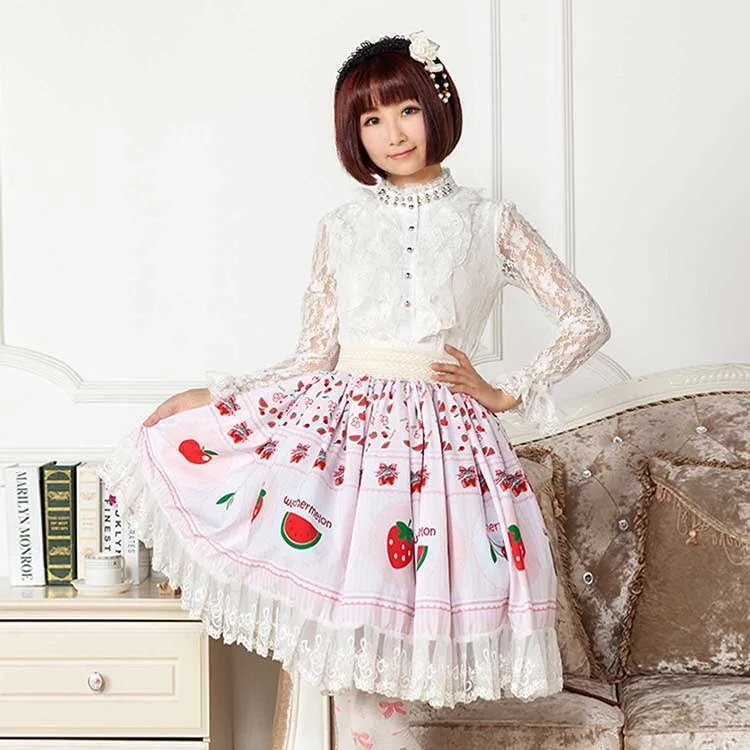 Cute Japanese Cartoon Fruit Printed Sweet Girl's Lolita Skirt with Lace Trims