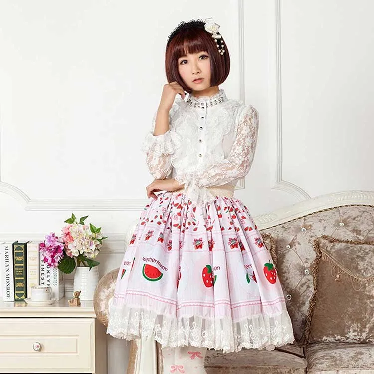 Cute Japanese Cartoon Fruit Printed Sweet Girl's Lolita Skirt with Lace Trims