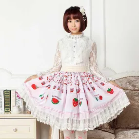 Cute Japanese Cartoon Fruit Printed Sweet Girl's Lolita Skirt with Lace Trims