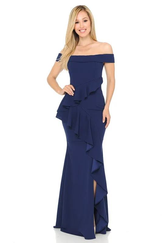 Dark Blue Off Shoulder Ruffled Bodycon Dress With Thigh Slit