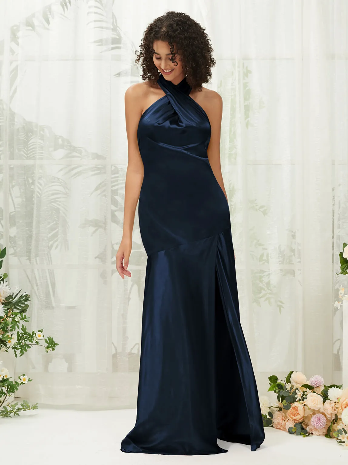 Dark Navy Satin Halter Neck Sleeveless Maxi Bridesmaid Dress With Slit