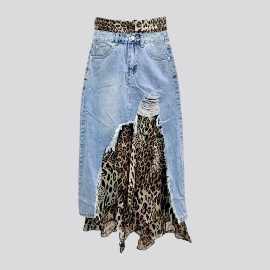 Distressed leopard print denim skirt