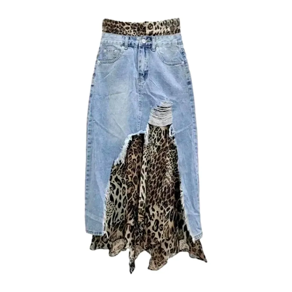 Distressed leopard print denim skirt