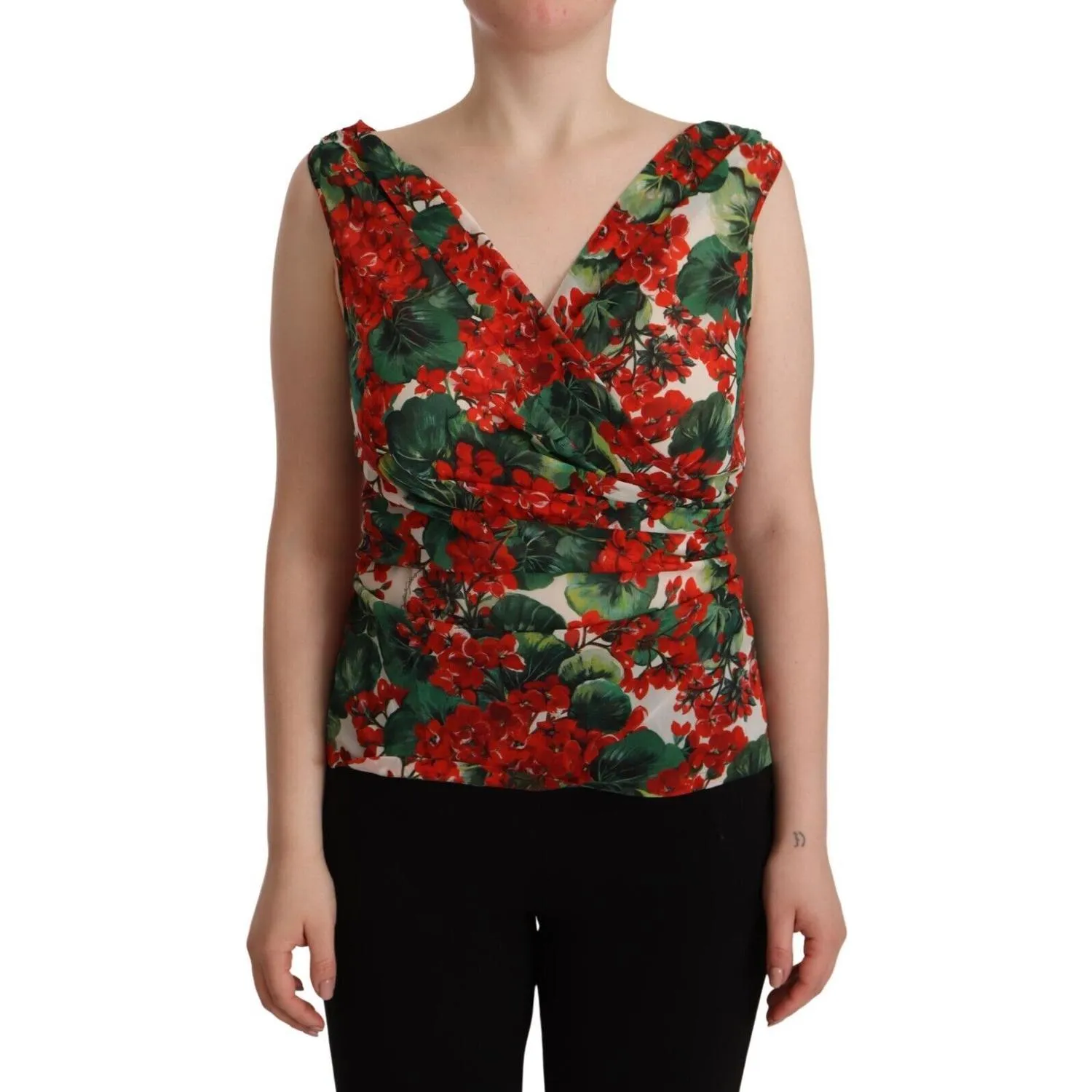 Dolce & Gabbana Elegant V-Neck Geranium Print Silk Tank Top