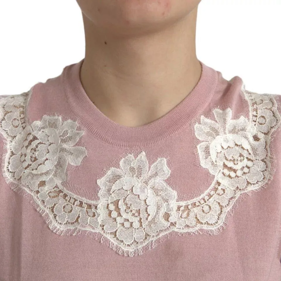 Dolce & Gabbana Pink Cashmere Lace Trim Sleeveless Tank Top