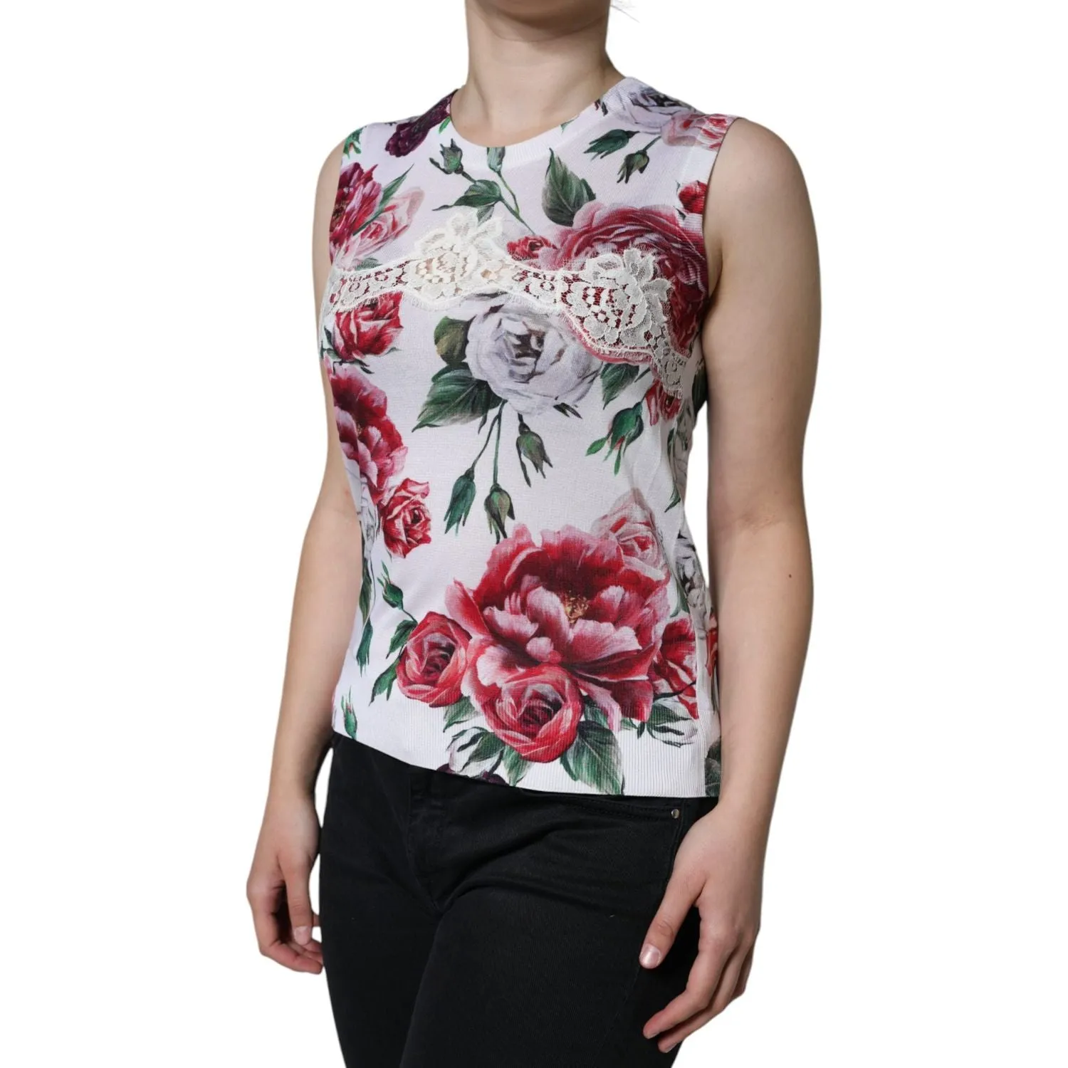 Dolce & Gabbana White Floral Lace Silk Sleeveless Tank Top