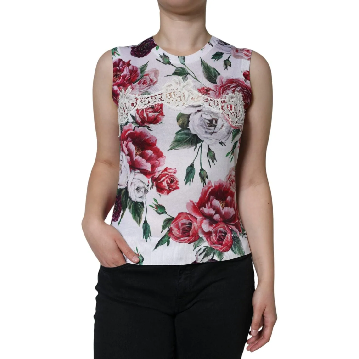 Dolce & Gabbana White Floral Lace Silk Sleeveless Tank Top