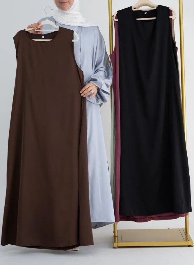 Duniia slip dress maxi length sleeveless in satin fabric in coffee color