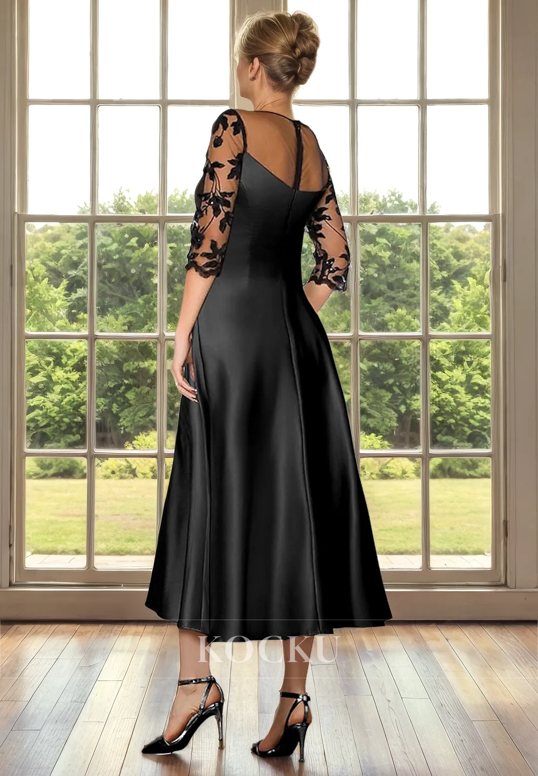 Elegant & Luxurious Appliques Long sleeves A-Line Satin Cocktail Mother of the Bride Dress