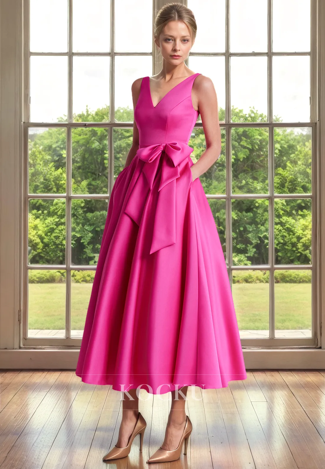 Elegant & Luxurious V-Neck Belt A-Line Satin Cocktail Mother of the Bride Dress