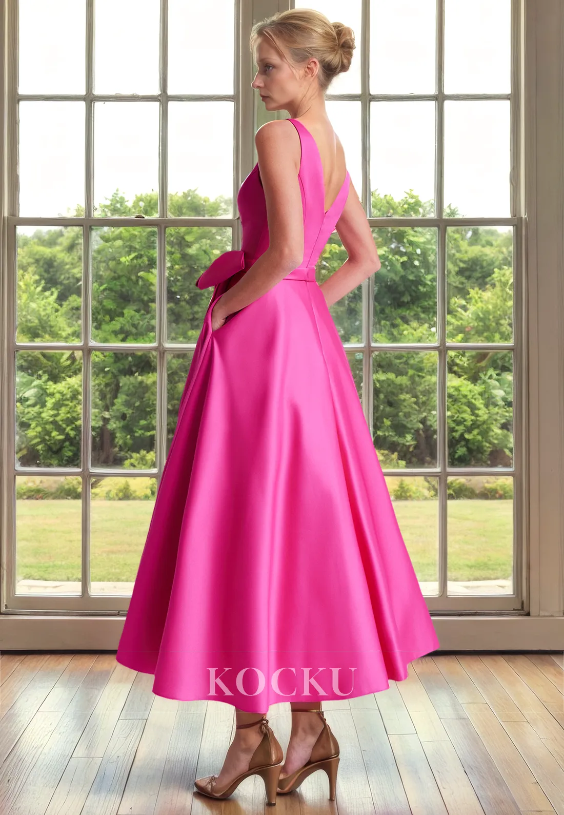 Elegant & Luxurious V-Neck Belt A-Line Satin Cocktail Mother of the Bride Dress