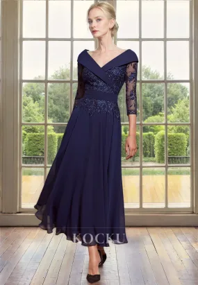 Elegant & Luxurious V-Neck Long sleeves A-Line Appliques Cocktail Mother of the Bride Dress