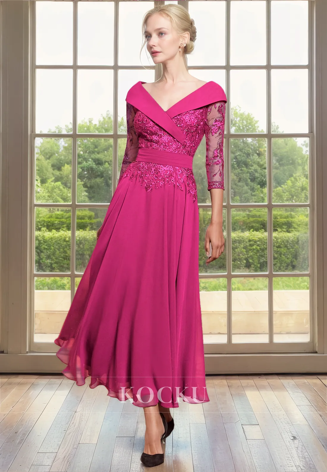 Elegant & Luxurious V-Neck Long sleeves A-Line Appliques Cocktail Mother of the Bride Dress