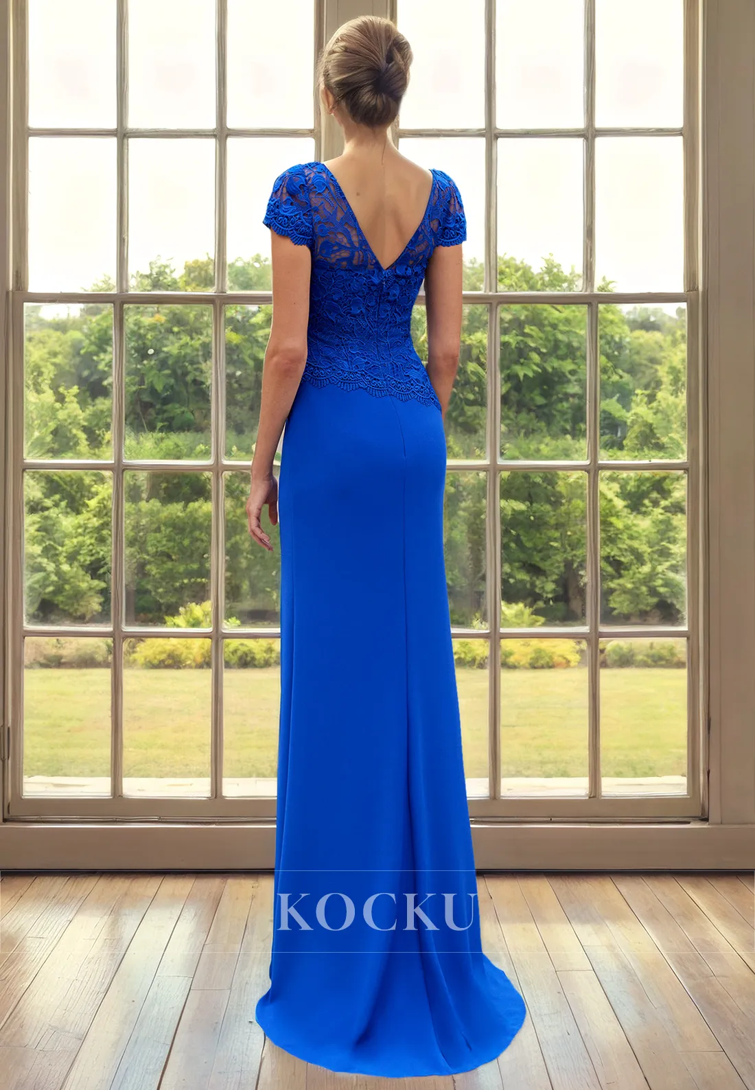 Elegant & Simple Appliques Short sleeves Backless Mermaid Cocktail Mother of the Bride Dress