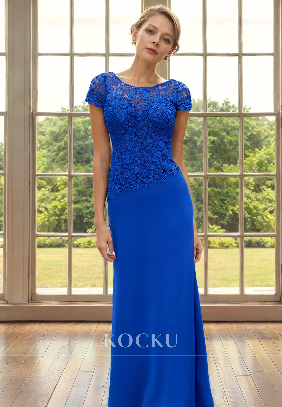 Elegant & Simple Appliques Short sleeves Backless Mermaid Cocktail Mother of the Bride Dress