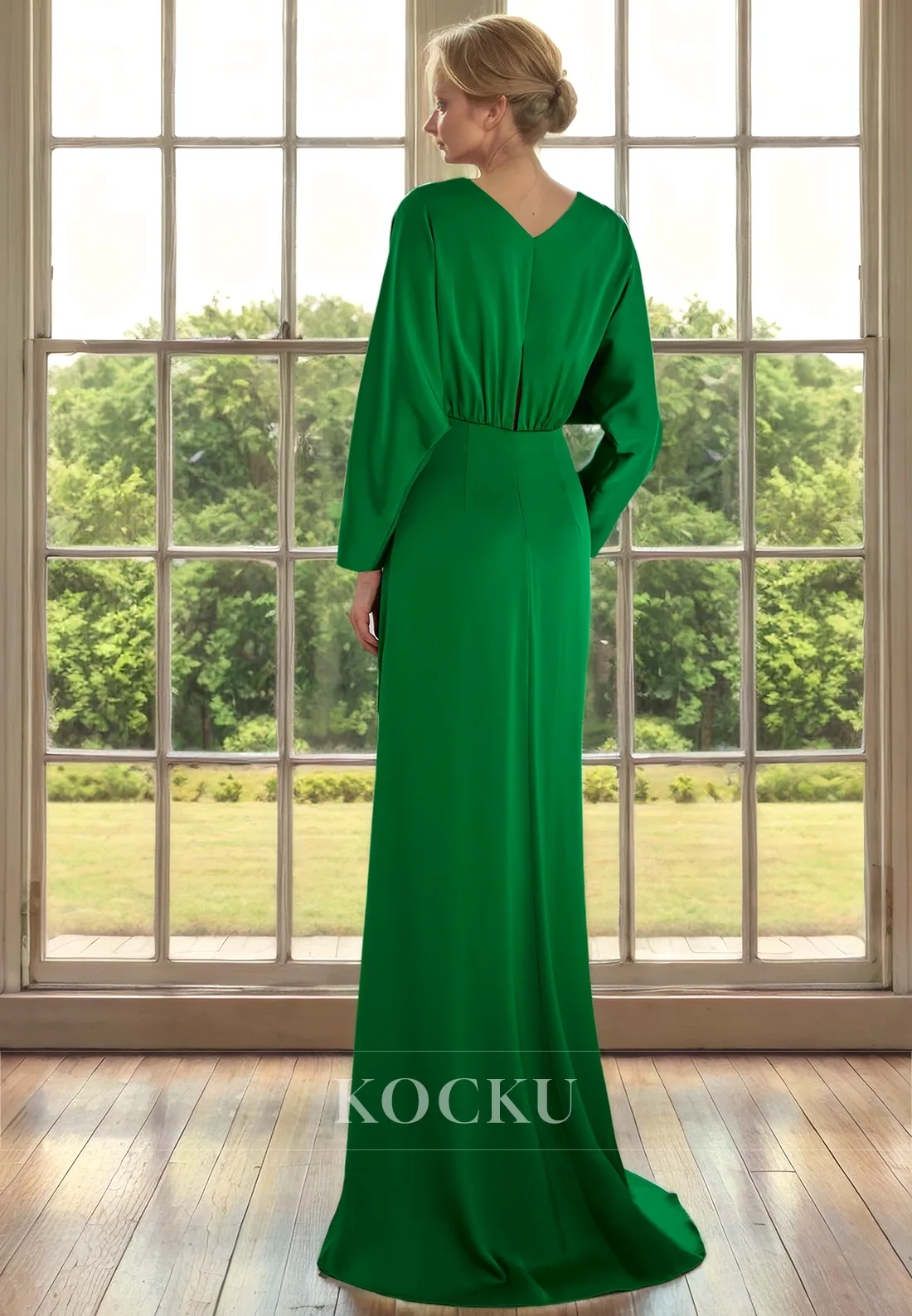 Elegant & Simple V-Neck Long sleeves A-Line Split Cocktail Mother of the Bride Dress