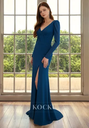 Elegant & Simple V-Neck Long sleeves Split Mermaid Cocktail Mother of the Bride Dress