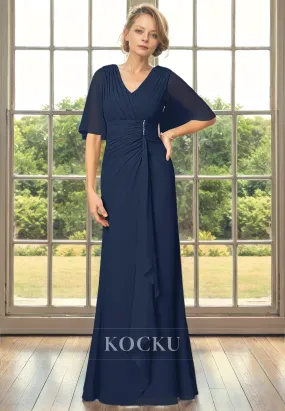 Elegant & Simple V-Neck Short sleeves A-Line Belt Cocktail Mother of the Bride Dress