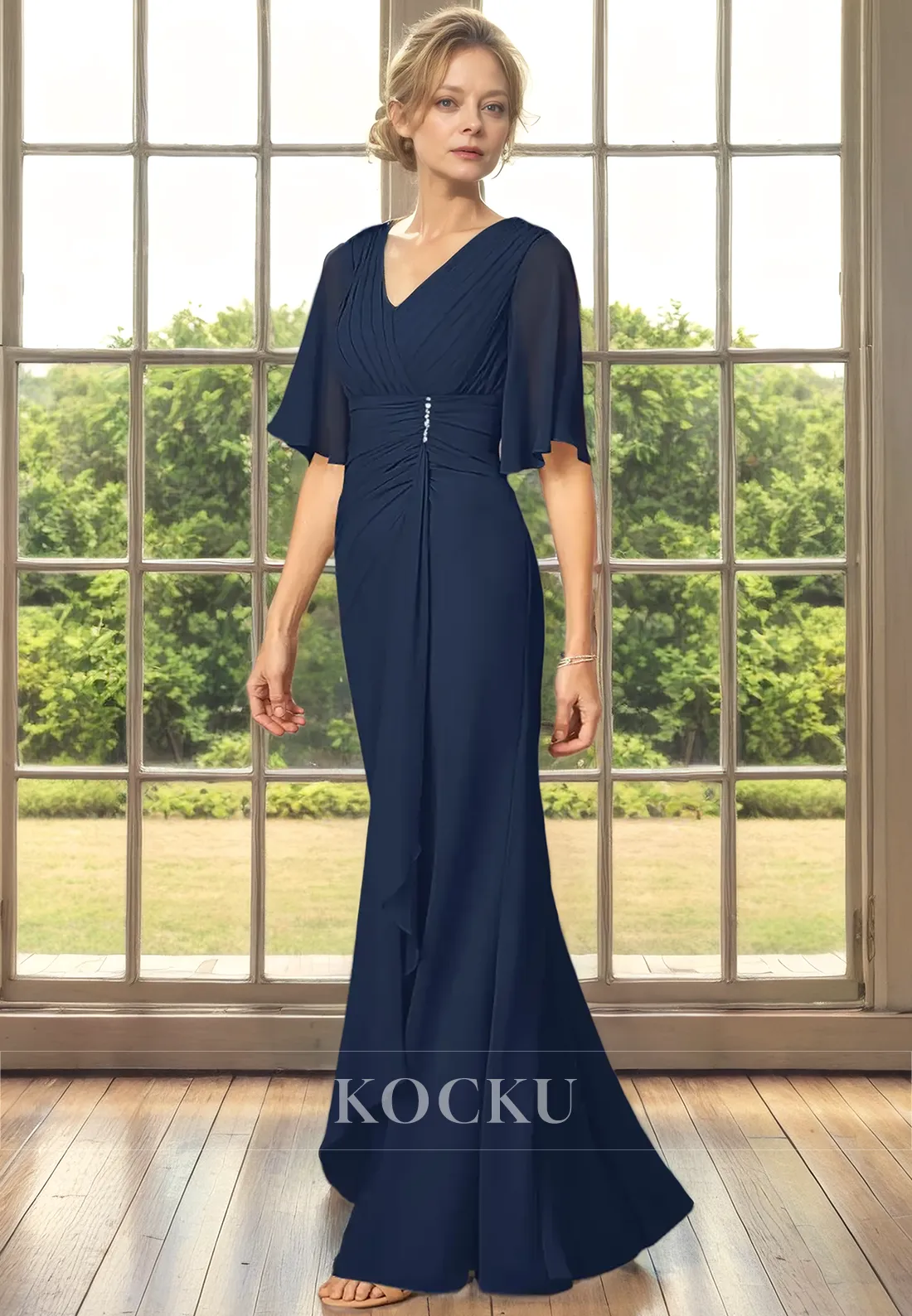 Elegant & Simple V-Neck Short sleeves A-Line Belt Cocktail Mother of the Bride Dress