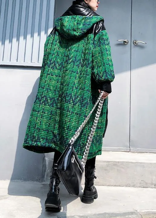 Elegant green woolen coats Loose fitting medium length coat patchwork hooded woolen outwear