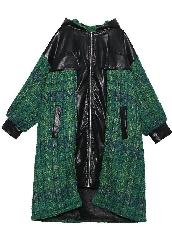 Elegant green woolen coats Loose fitting medium length coat patchwork hooded woolen outwear