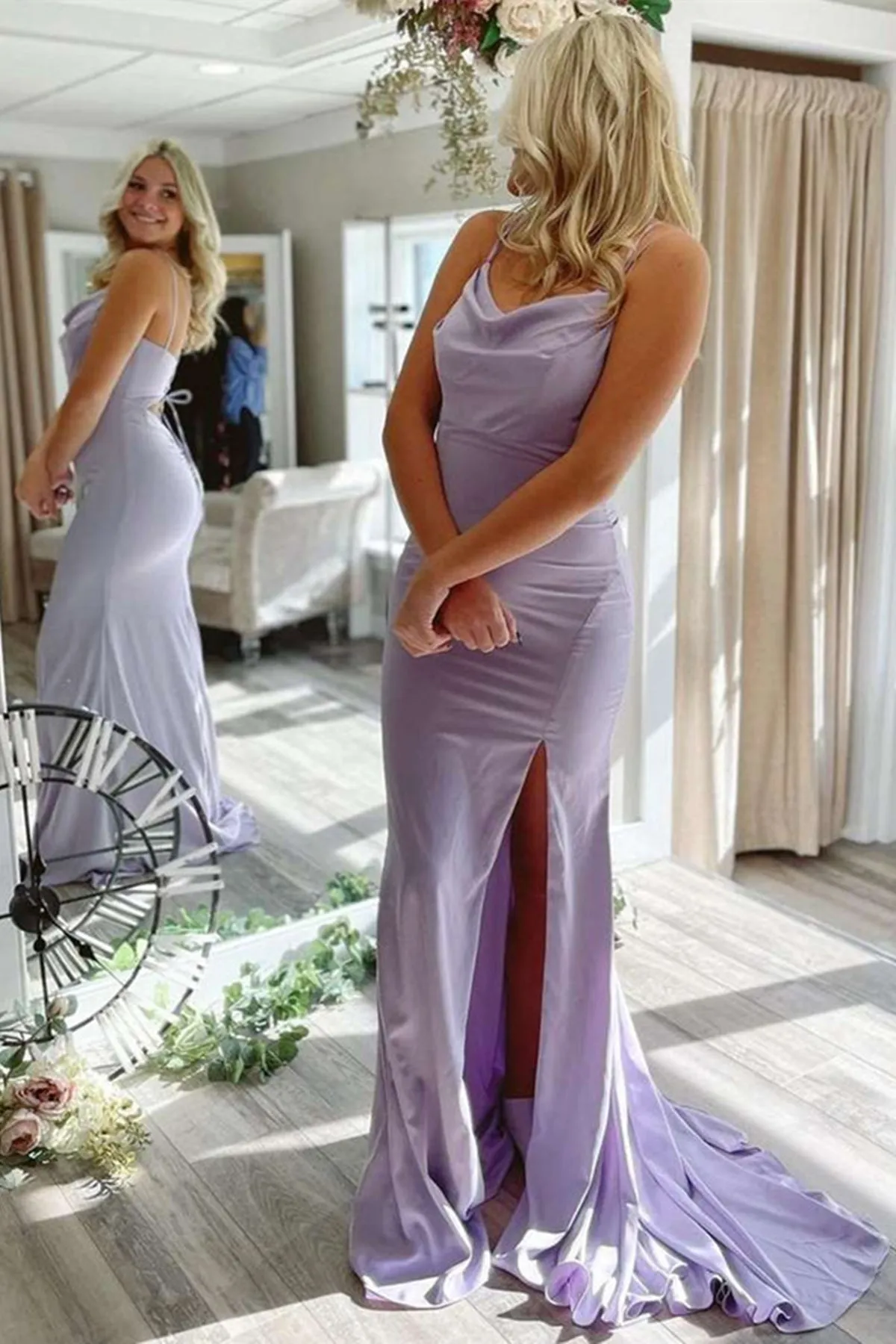 Elegant Open Back Lavender Satin Long Prom Dress with High Slit, Mermaid Lavender Formal Graduation Evening Dress A1565