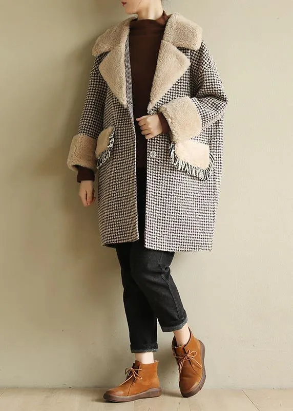 Elegant plus size winter coat patchwork jacket plaid two pockets woolen coats