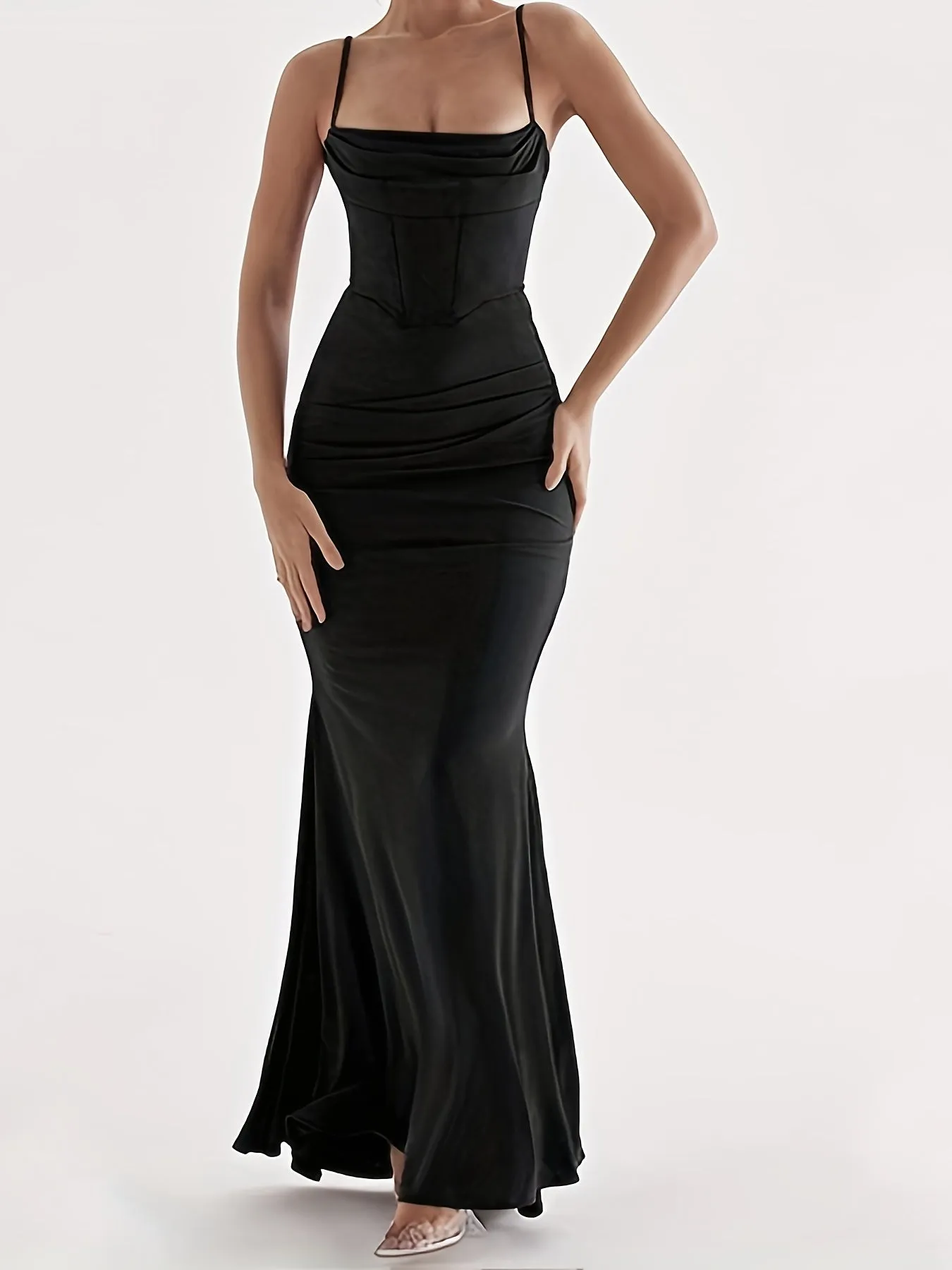 Elegant Women's Ruched Bodycon Spaghetti Strap Long Dress